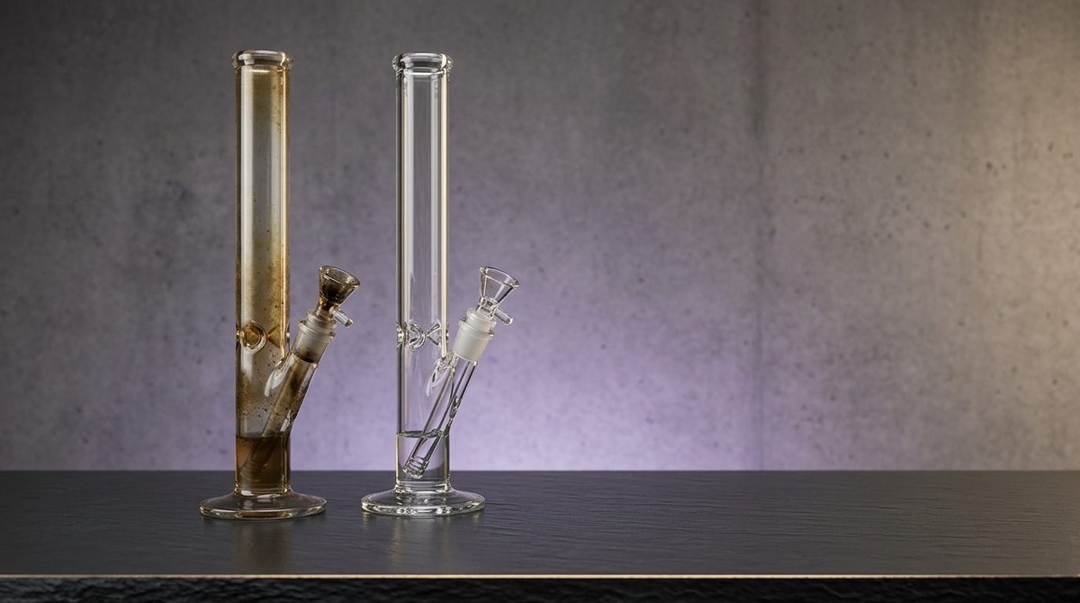 Zwei baugleiche Glasbongs nebeneinander: links mit braunem Harzfilm und trübem Wasser, rechts klar und sauber