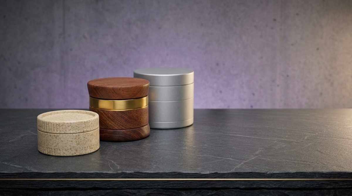Drei Grinder aus Hanffaser, Holz und Aluminium nebeneinander