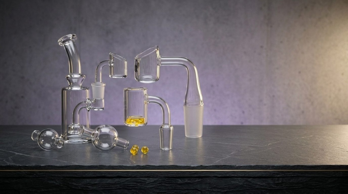 Kleines Dab-Rig mit Quarzbanger, Carb Caps und Terp Pearls auf einer Werkbank