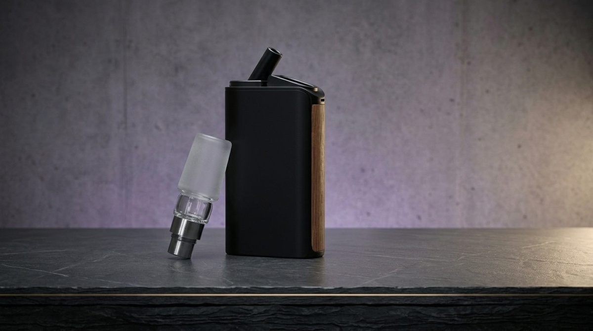 Tragbarer Vaporizer mit Holzpanel und Glas-Wasserfilteradapter auf einer Werkbank