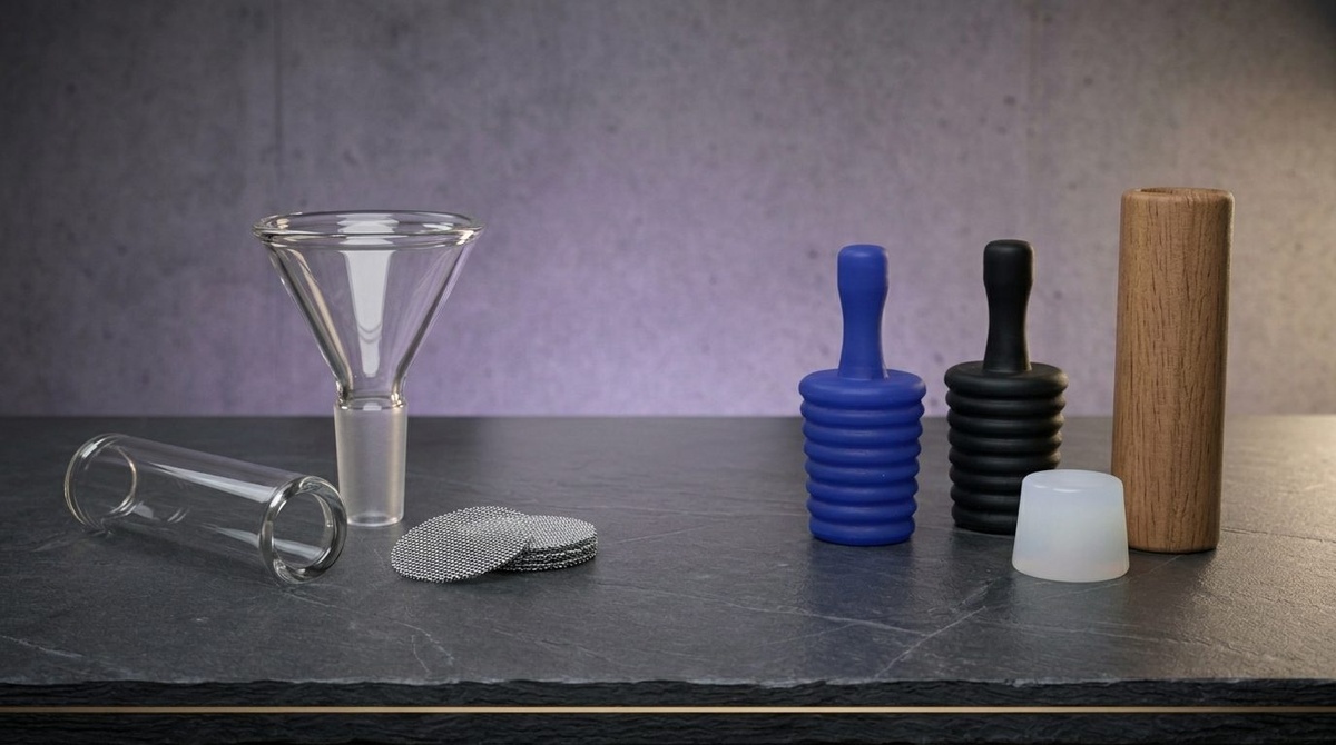 Zwei Gruppen von Bauteilen nebeneinander: links Glas und Edelstahl, rechts Silikonstopfen, Acrylteil und Holzgrinder