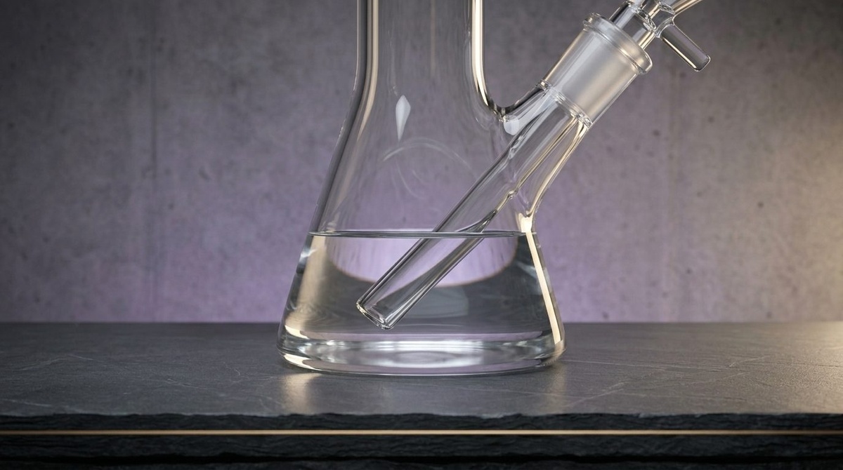 Glasbong halb gefuellt mit Wasser, das Chillum reicht ein Stueck unter die Wasserlinie