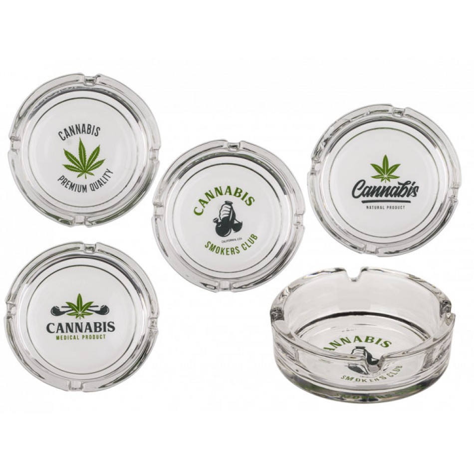 [21753] Glasaschenbecher Cannabis Blatt 4 Designs sortiert Ø10,5cm